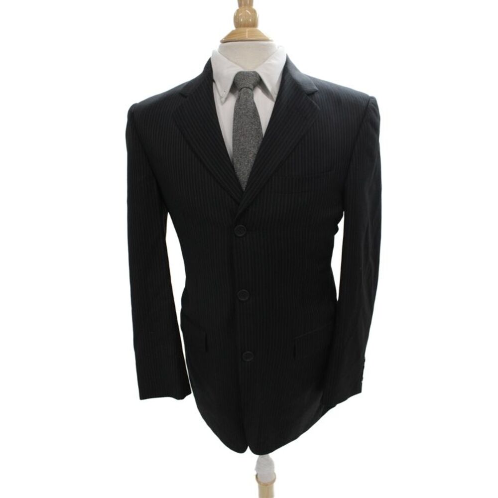 Burberry London Mens 2 Piece Suit Jacket Black Wool Striped Buttoned Size 38